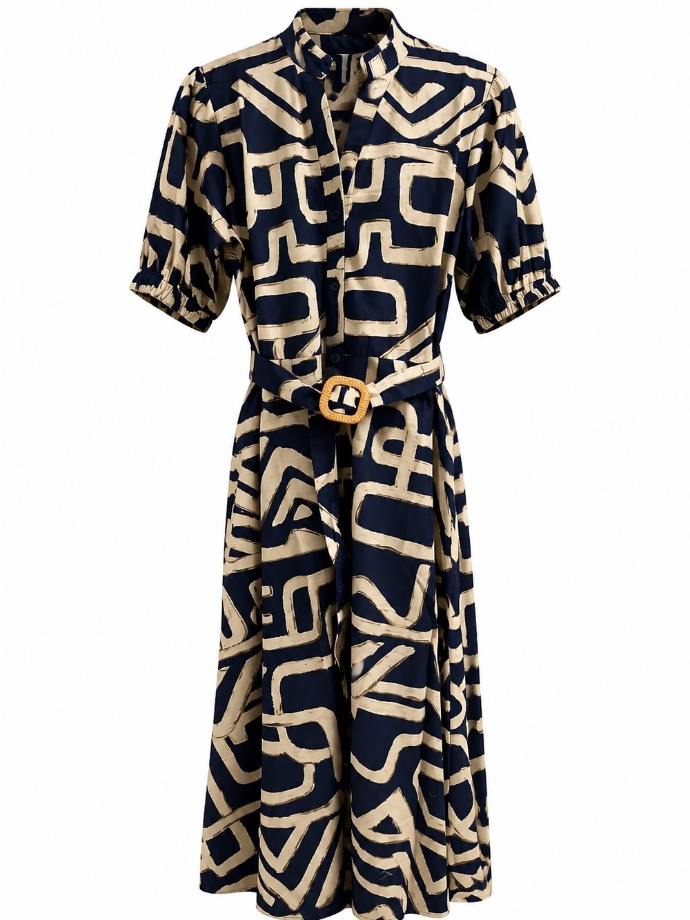 Ruffled V Neck Button Down Belted Dress
